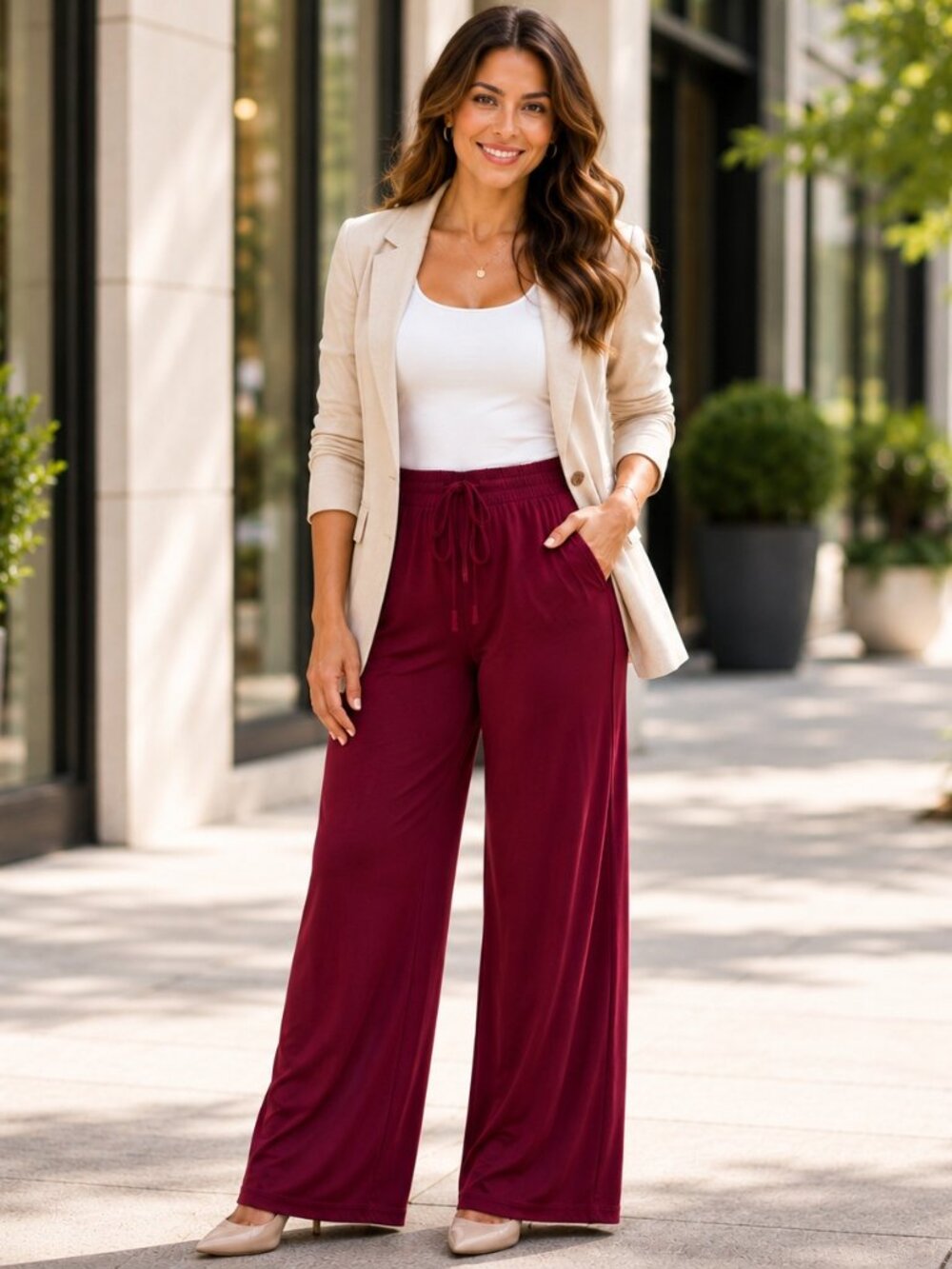 Palazzo Pants Wide Leg Business Casual Pull On Pockets Soft Stretch Burgundy